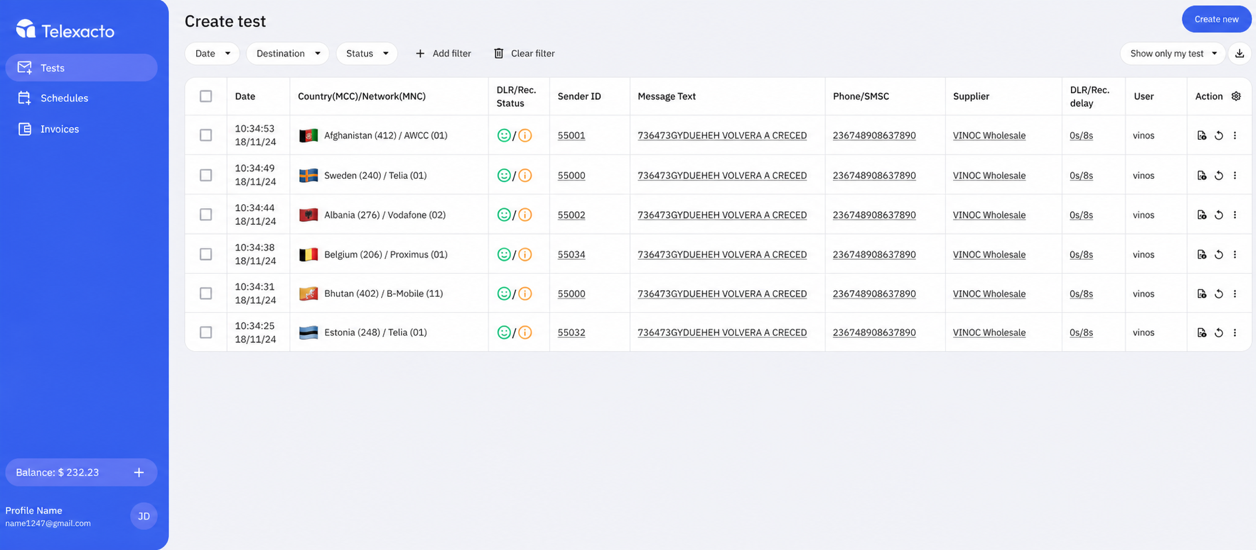 Telexacto interface showing SMS testing scenarios in a data table